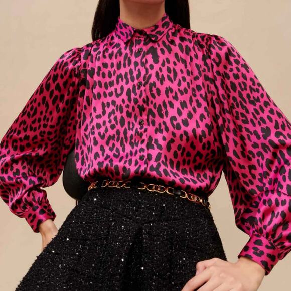 Maje Fuchsia Pink Leopard Silky Gathered Shoulder Peter Pan Collar Blouse XS - Picture 1 of 12